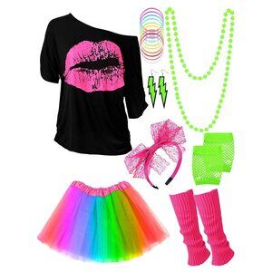 2534 Women's 80s Costume Accessoriess Set, Lips Print T-shirt